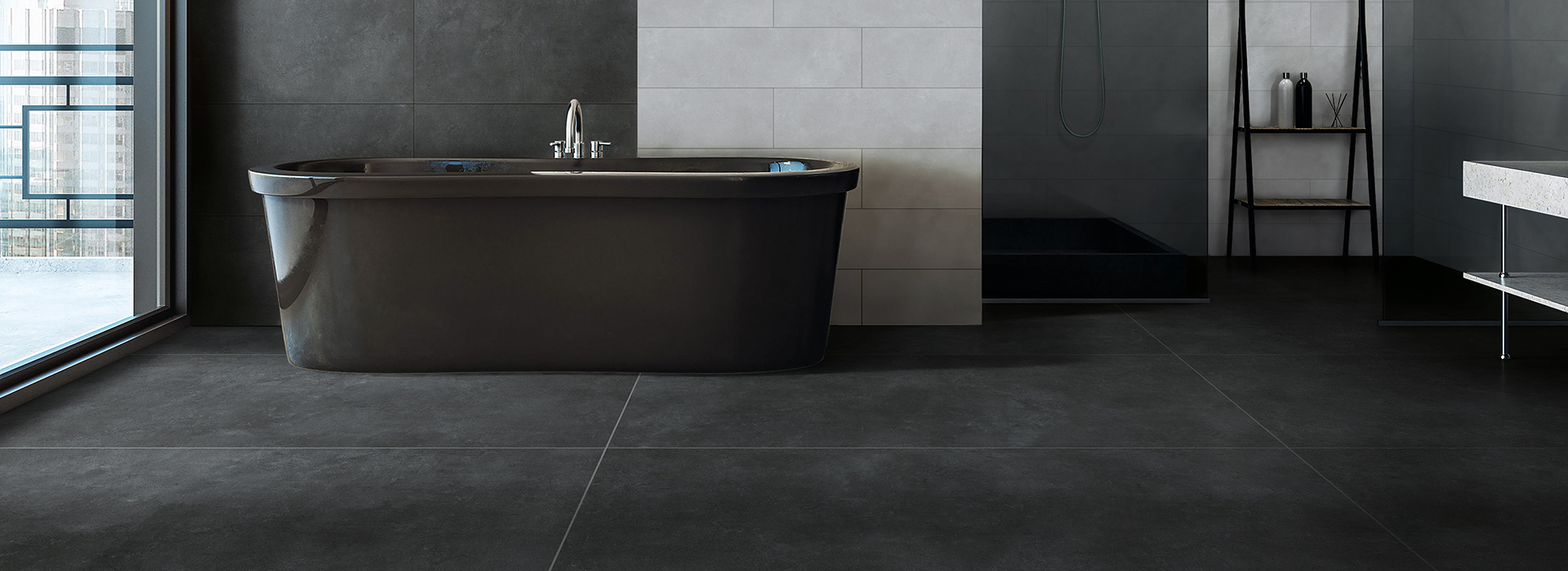 Stylish bathroom with bath tub, daylight and copy space on wall. Mock up, 3D Rendering